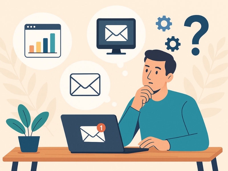 Man thinking about which email marketing tool to use in 2025 with laptop and email icons.