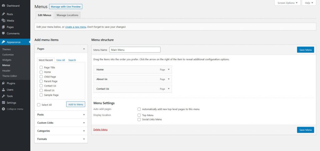 Menus submenu screen]