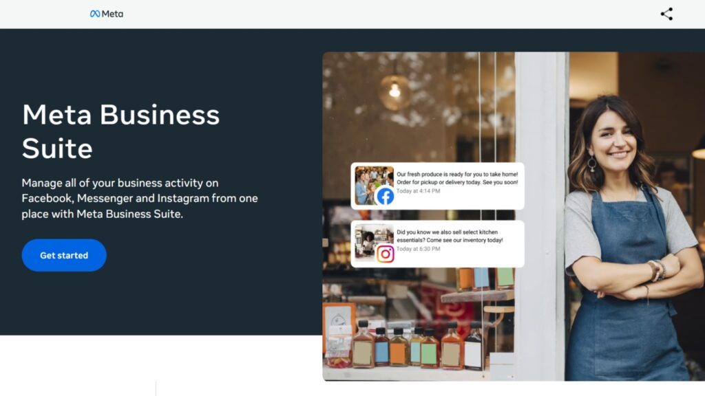 Meta Business Suite landing page with shop owner and Facebook/Instagram notifications promoting business management tools.