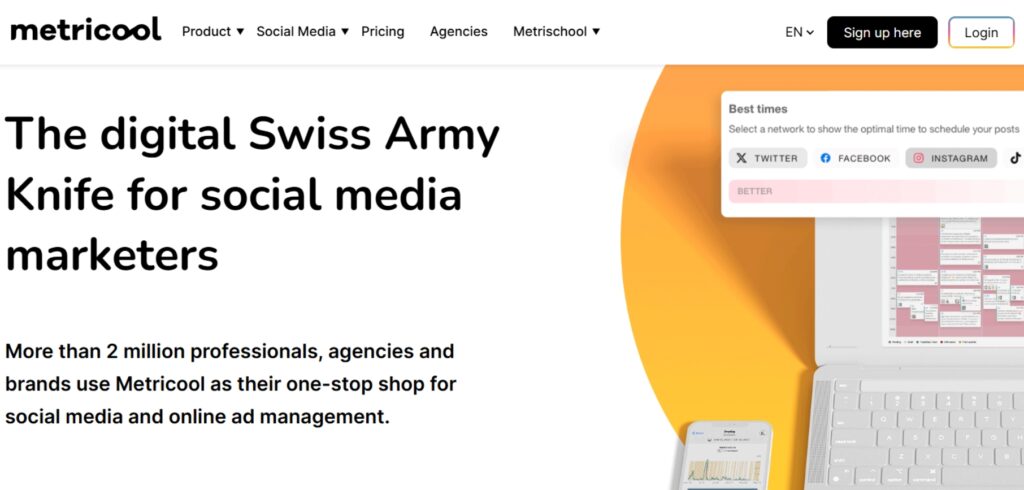 Metricool social media scheduling and analytics platform homepage highlighting best posting times.