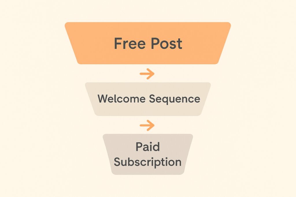 Minimal three-step sales funnel graphic for Substack Free Post, Welcome Sequence, Paid Subscription.