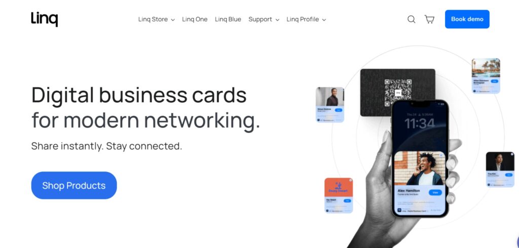 Linq homepage highlighting sleek NFC-enabled digital business cards for modern networking with instant sharing via phone or card.