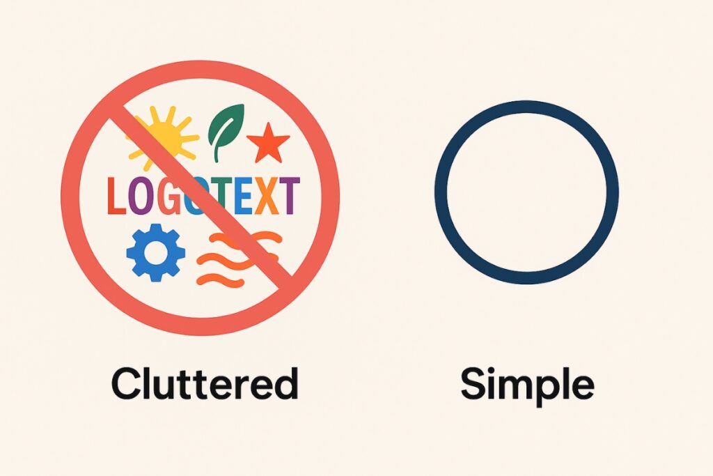 Overcomplicated logo cluttered with colors, compared to a clean and simple design.
