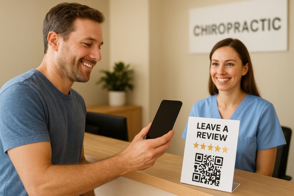 Patient leaving a five-star review for a chiropractic clinic using a QR code or mobile app.