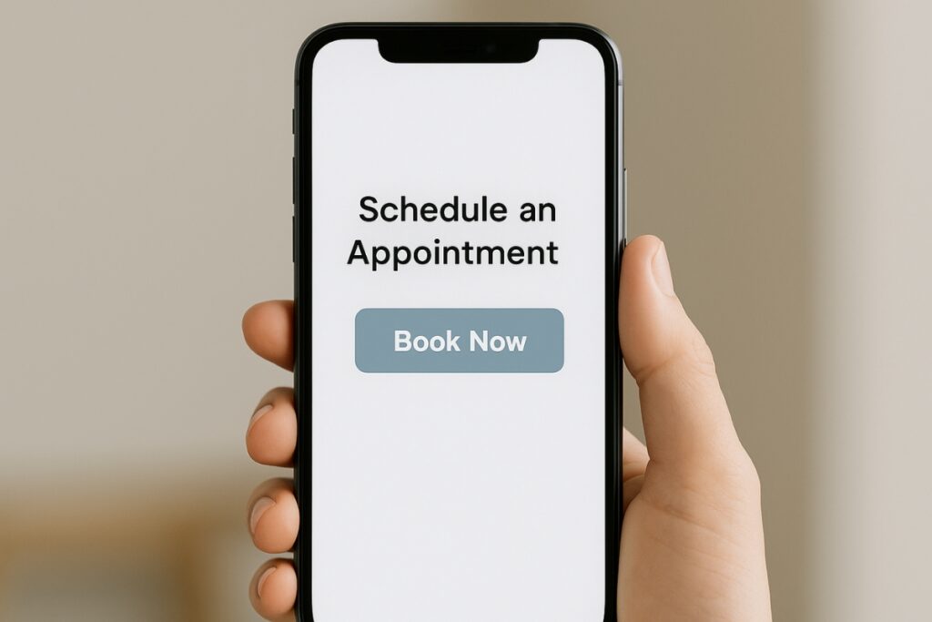 Phone screen displaying an easy online booking button for a local business.