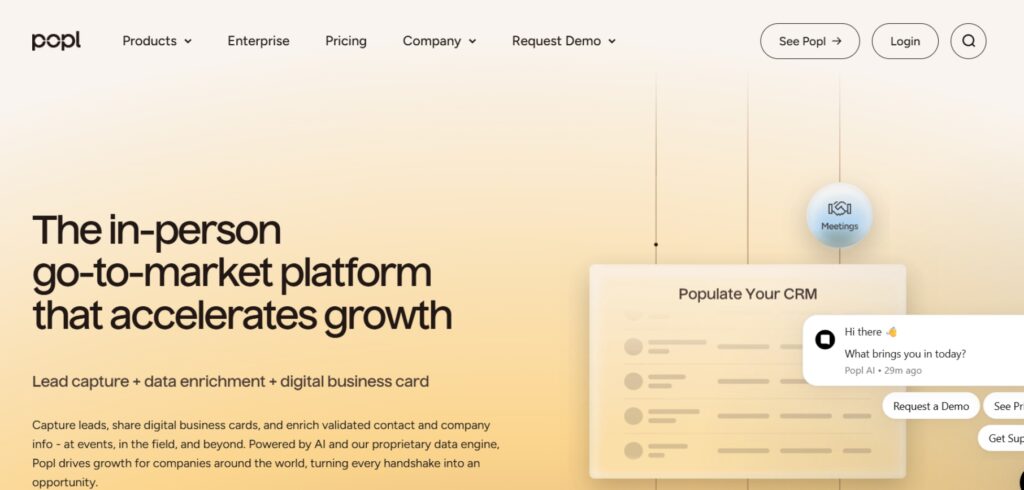 Popl homepage showcasing lead capture, data enrichment, and digital business card solutions with CRM integration.