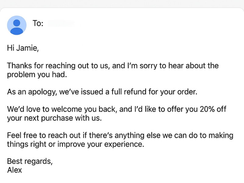 Sample professional email response resolving a customer complaint