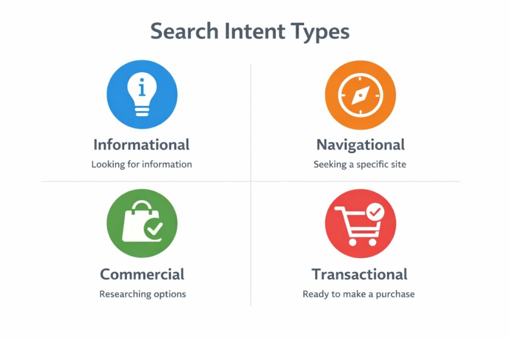 Search intent types for SEO including informational, navigational, commercial, and transactional