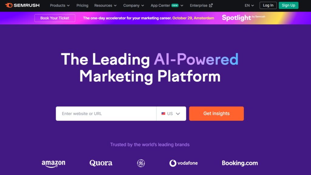 SEMrush homepage highlighting its AI-powered marketing platform with keyword, SEO, and content tools trusted by global brands.