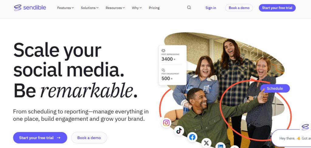 Sendible social media scheduling and reporting platform homepage highlighting engagement and growth features.