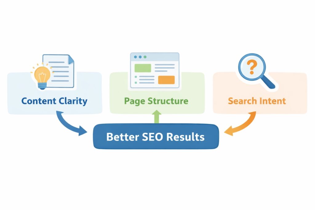 SEO in 2026 focused on content clarity, structure, and user experience