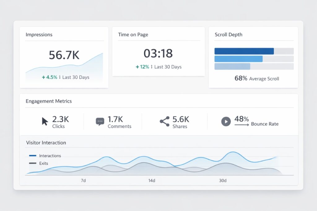 SEO metrics dashboard showing engagement metrics instead of keyword rankings
