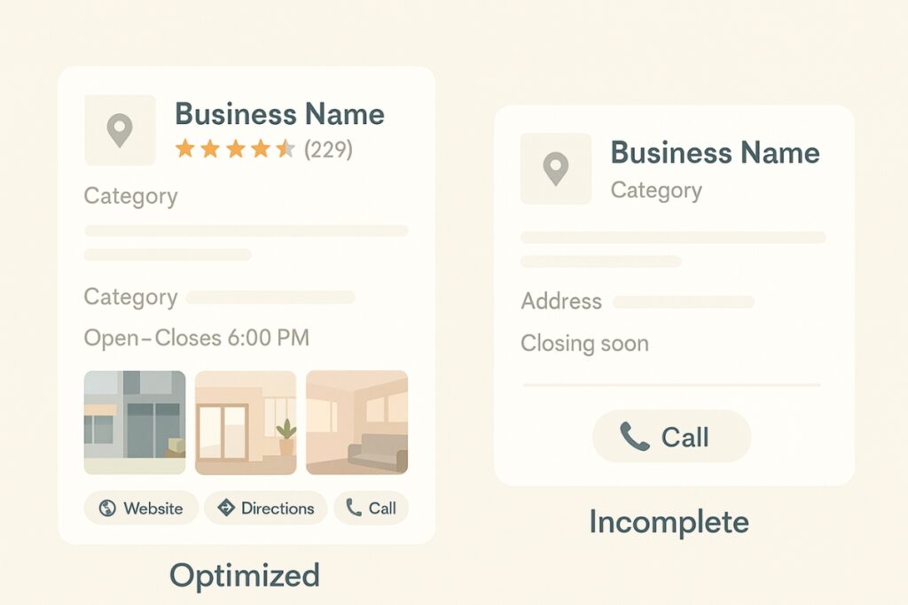 Side-by-side comparison of local business search results showing visibility differences.