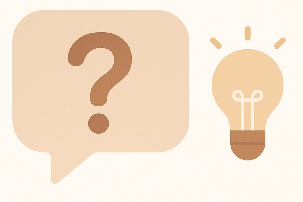 Simple FAQ icon graphic showing a question mark and lightbulb to represent common questions.