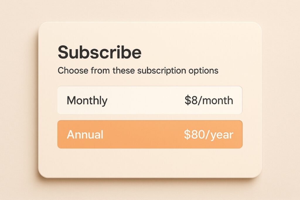 Simplified Substack-style subscription pricing mockup in clean minimalist design.
