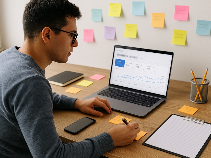 Small business owner analyzing SEO dashboard while managing local marketing tasks.