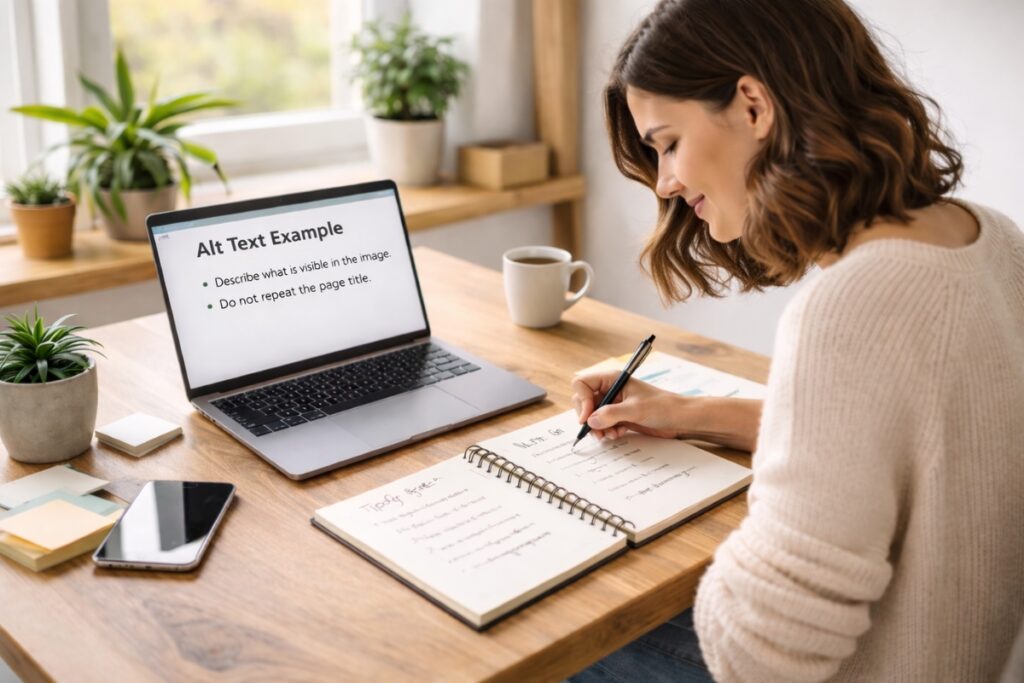 Small business owner outlining blog content ideas in a notebook beside a laptop displaying an alt text example
