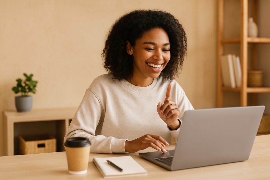 Small business owner replying to customer comments on a laptop with a friendly tone