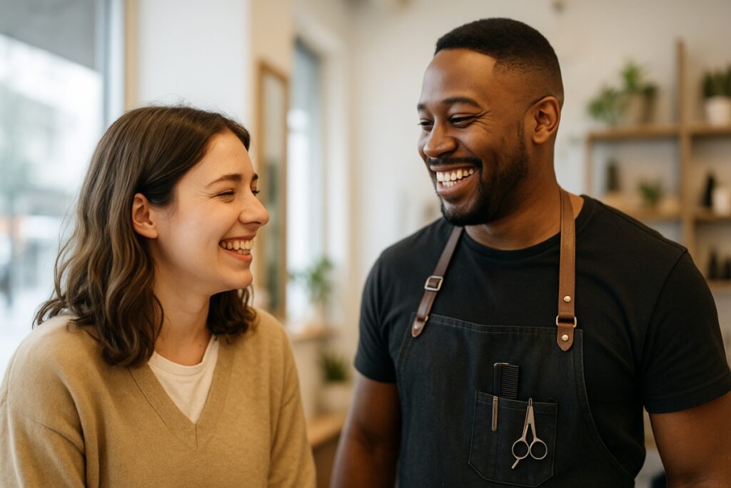 Smiling customer with service provider, representing real positive feedback.