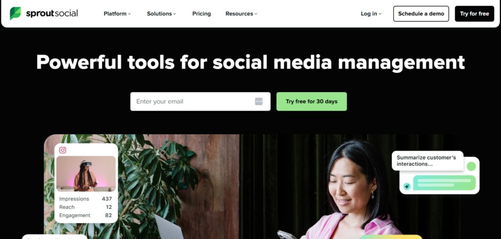 Sprout Social social media management platform homepage highlighting analytics and engagement features.