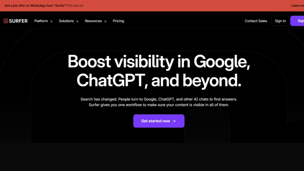 Surfer SEO homepage highlighting its platform to boost visibility in Google, ChatGPT, and AI search with data-driven content optimization.