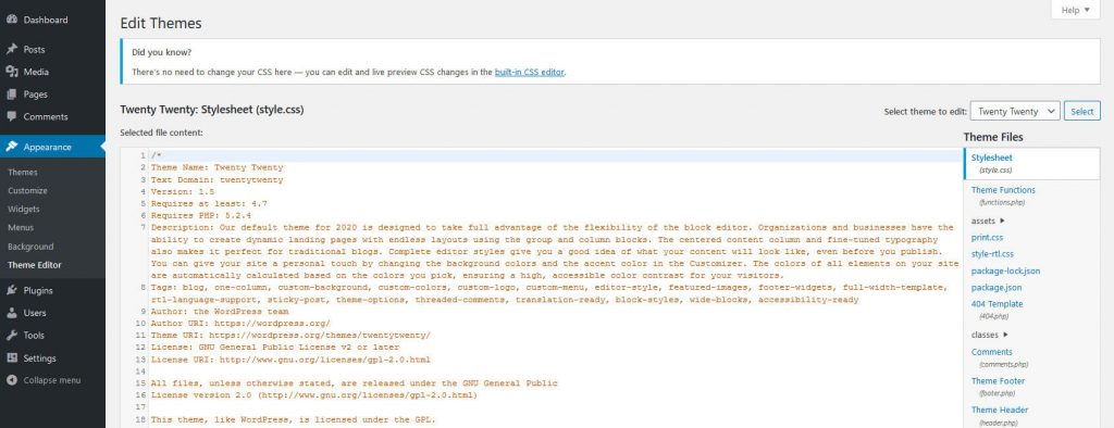 Theme editor submenu screen