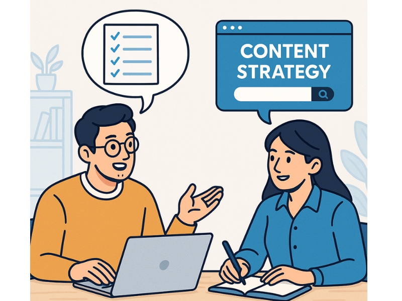 Two people discussing content strategy, representing the consideration stage of the marketing funnel