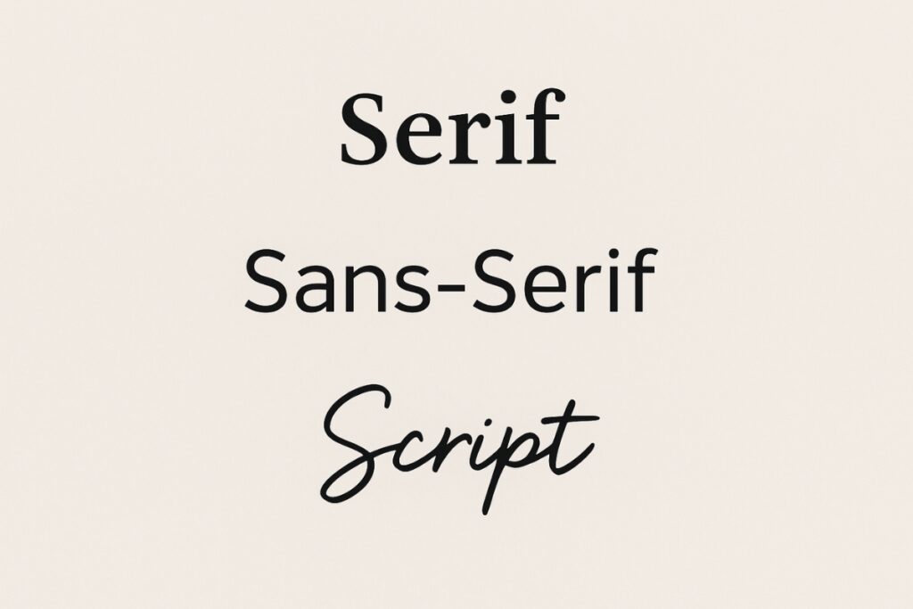 Typography examples comparing serif, sans-serif, and script fonts for logo design.