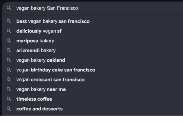 google suggested text exmaple for vegan bakery
