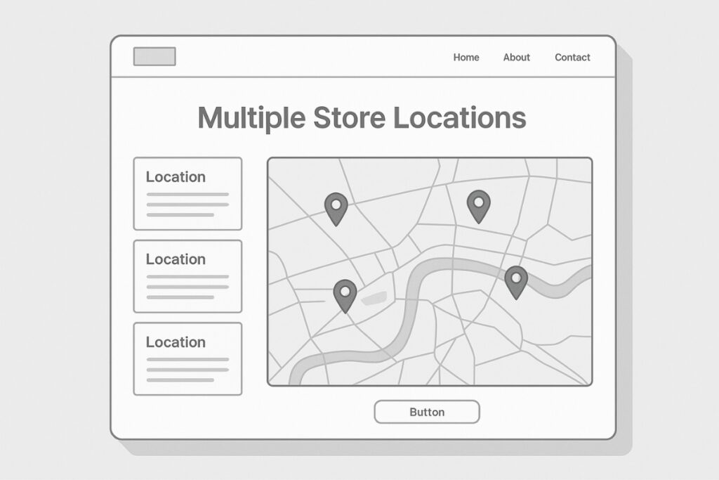 Website mockup showing multi-location pages for e-commerce stores