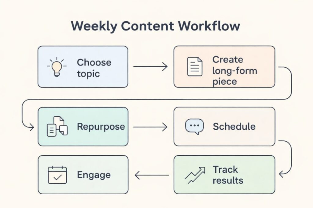 Weekly content workflow showing steps from topic selection to scheduling and engagement 