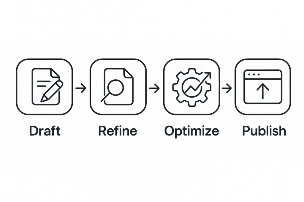 Workflow diagram showing the drafting, refining, optimizing, and publishing process for blog writing. 