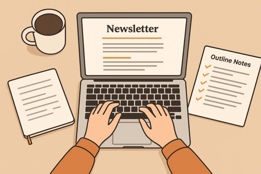Writer drafting a Substack-style newsletter with outline notes on a clean workspace.