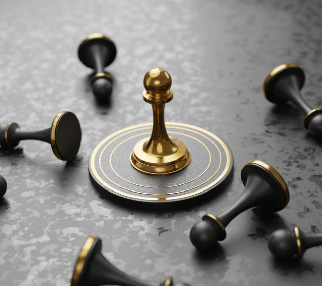 golden chess pawn standing with black chess pawns on their sides around it