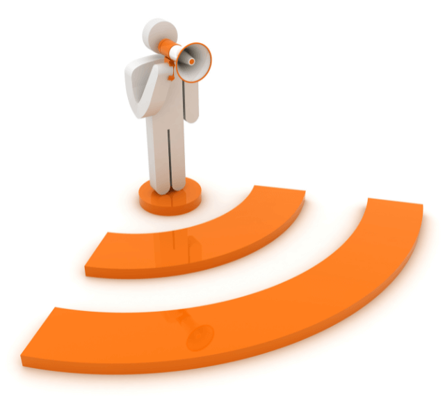 animated man standing on an RSS symbol with a megaphone