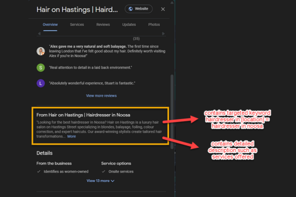 good exmaple og google business profile description