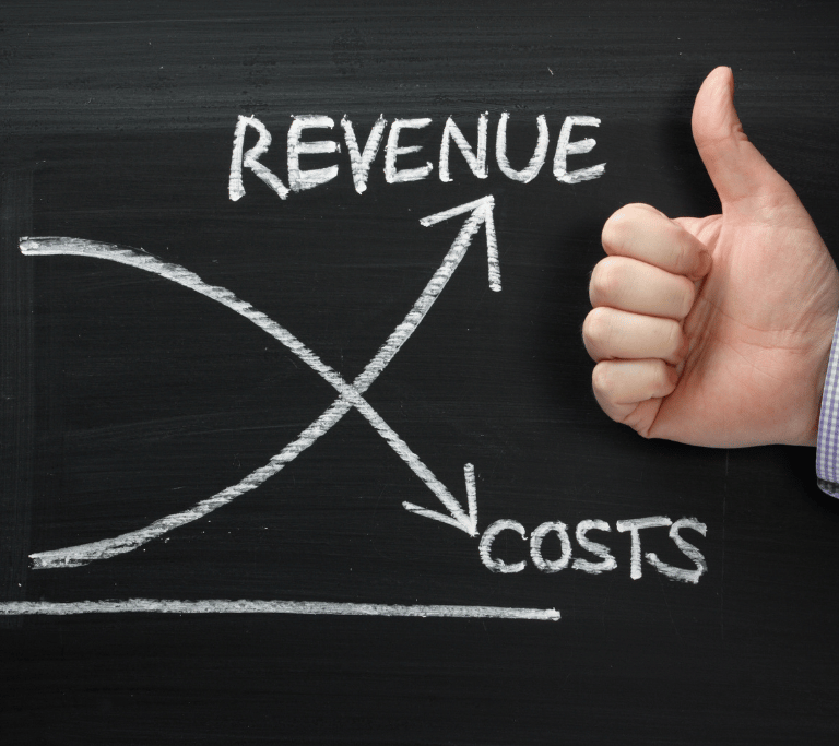 image on a chalkboard depicting lowered costs to increase revenue