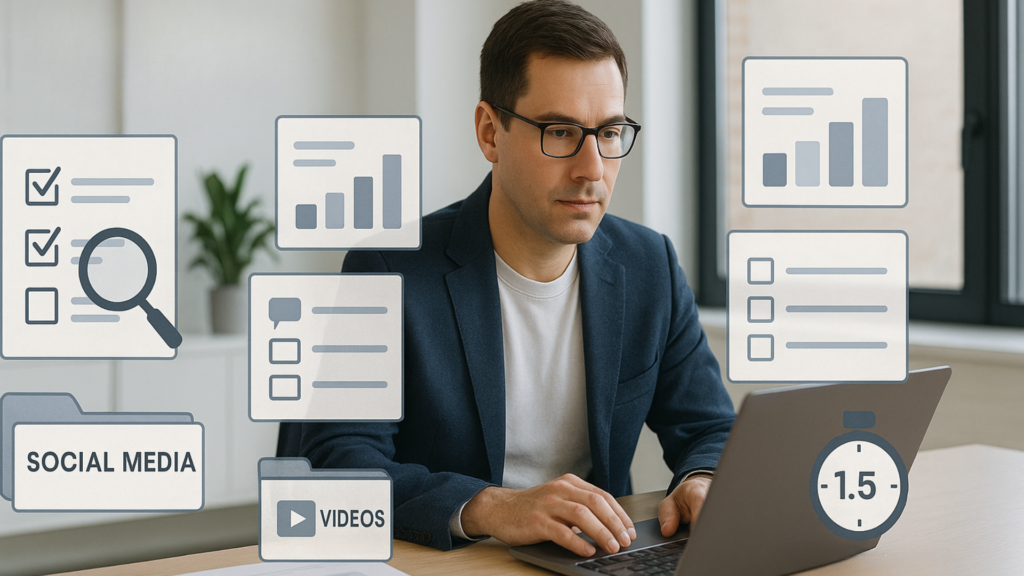 Male marketer auditing content on laptop with charts, checklists, blog posts, social media, and videos in modern office.