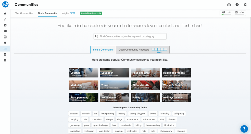 screenshot of tailwinds community search page with preview topics and niches