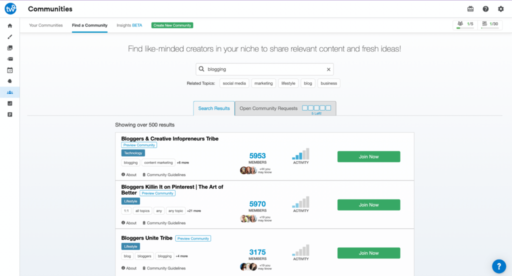 tailwind's community page shown with blogging search query and blogging communities displayed
